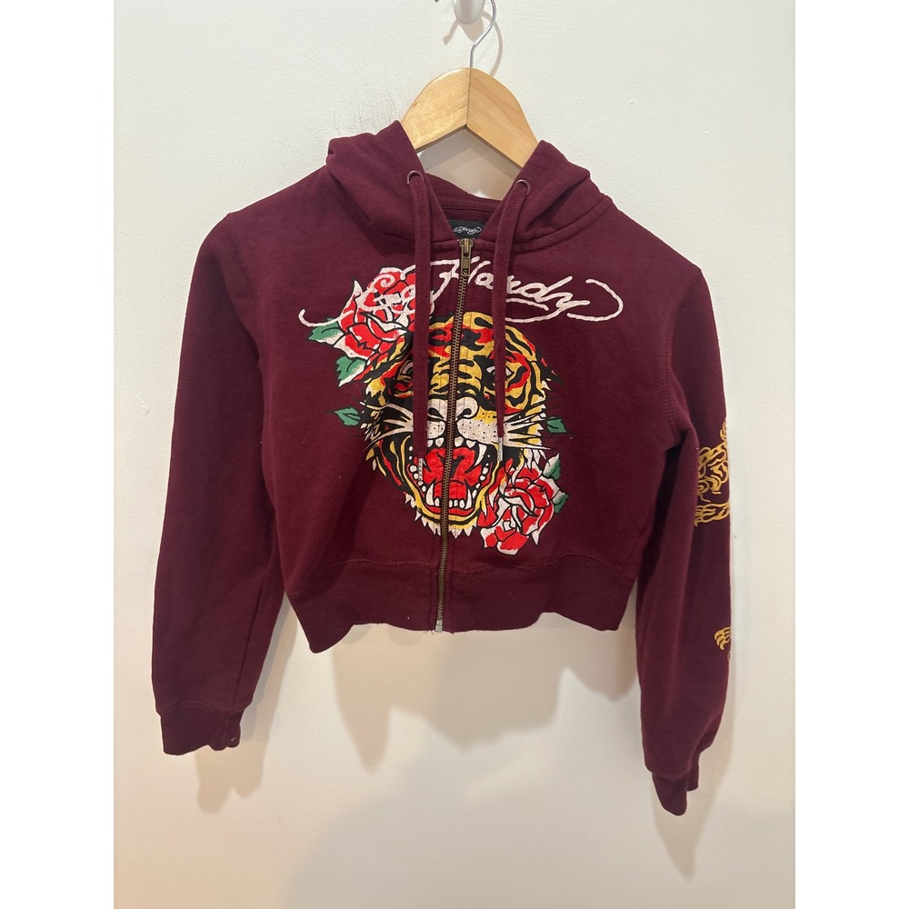 Ed Hardy Kids Burgundy Tiger Rose Tattoo Graphic Cropped Zip Up Hoodie Medium